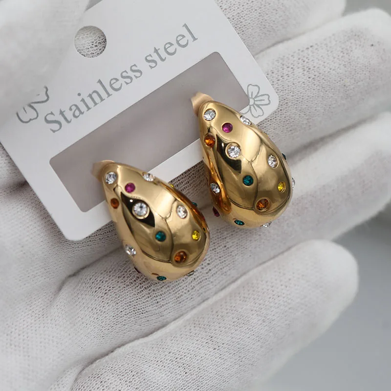 Classic Stainless Steel Waterdrop Stud Earrings for Women Fashion Accessories Delicate Multicolor Crystal Teardrop Earrings