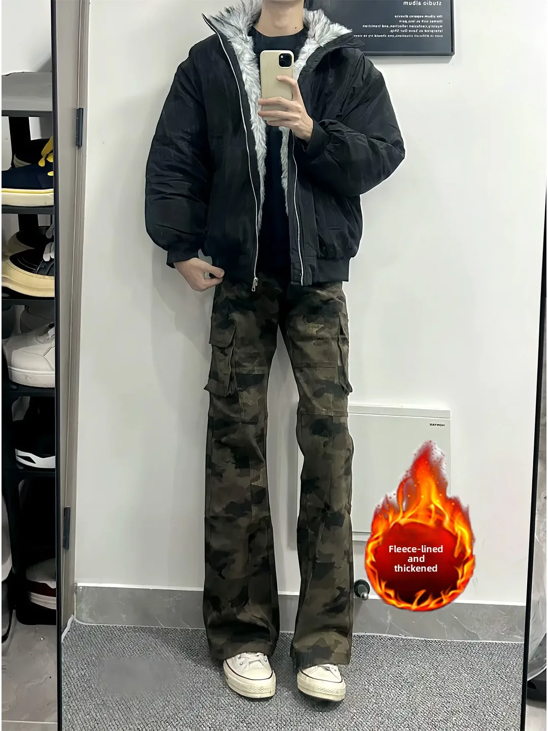 

American High Street Camouflage Work Pants Men's Autumn Winter Cleanfit Fleece Straight Leg Lift Slimming Flared Pants