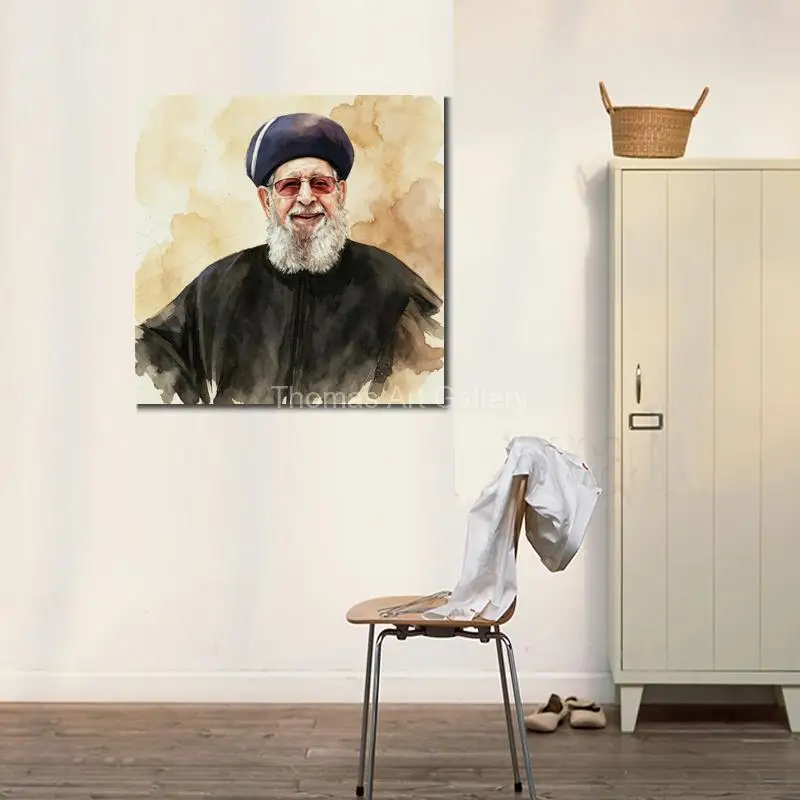 Jewish Rabbi Portrait Canvas Print Vintage Watercolor Judaica Large Modern Religious Wall Art for Living Room Synagogue Decor
