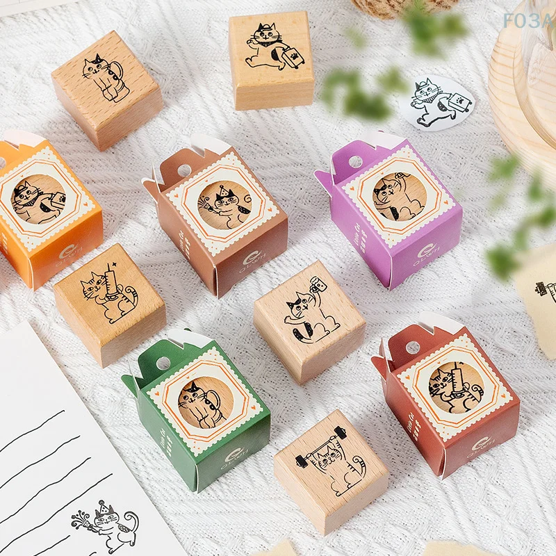 Retro Kawaii Wooden Rubber Stamps Cute Cartoon Little Black Cat DIY Decoration Stamp Creative Diary Hand Account Seal Gifts