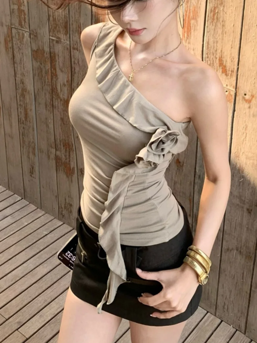 الغريبة كيتي الكاكي المرأة الأزهار تانك القمم الصيف أكمام الكشكشة 2025 شارع العليا شيك جديد عادية نحيل لطيف مثير كاميس