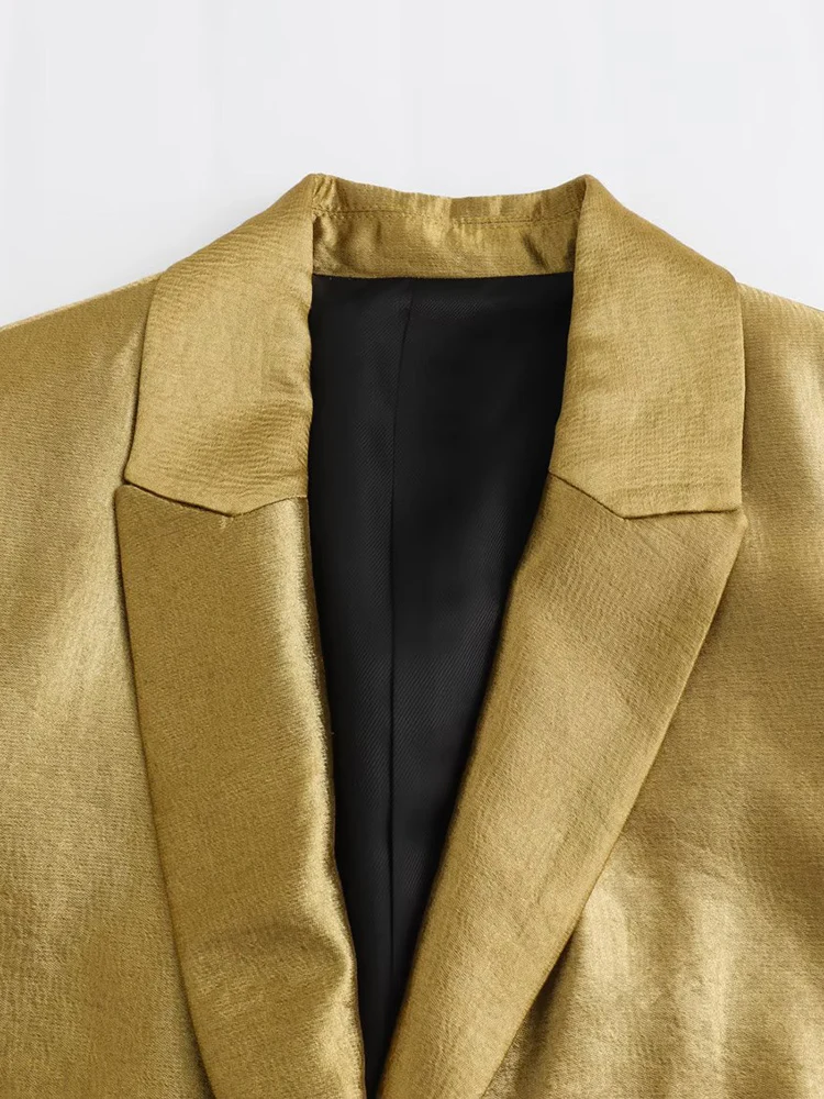 Gold Loose Blazer Jacket for Women Lapel Collar Jackets Spring Autumn Long Sleeve V Neck Coat Streetwear Lady Elegant Outerwear