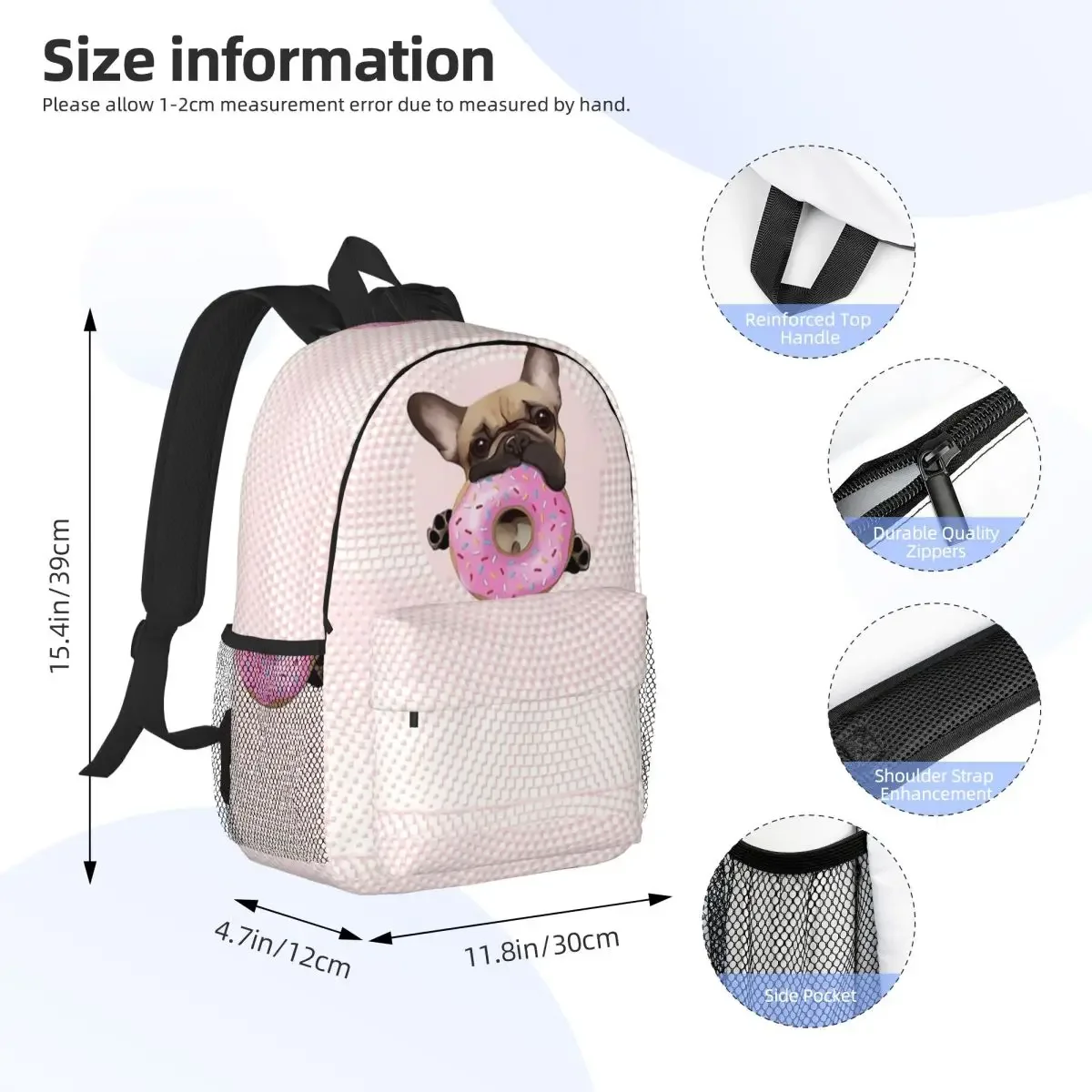 French Bulldog Lovers, Sweet Frenchie With Pink Donuts Backpacks Boys Girls Bookbag School Bags Laptop Rucksack Shoulder Bag