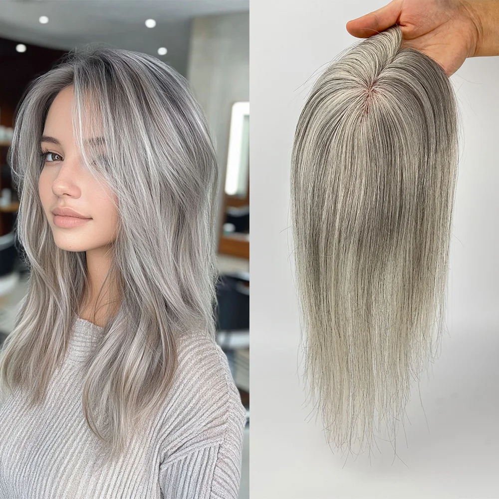 Topper de cheveux humains gris Mono Net PU autour de la lumière respirante droite gris blanc mixte cheveux brésiliens vierges avec clips chez les femmes