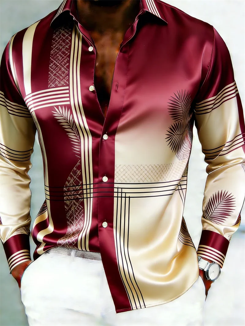 Men's Shirt Satin Gradient Tropical Leaf Geometric Stripe Print Long Sleeve Button‑Down Top Party Holiday Mens Clothing
