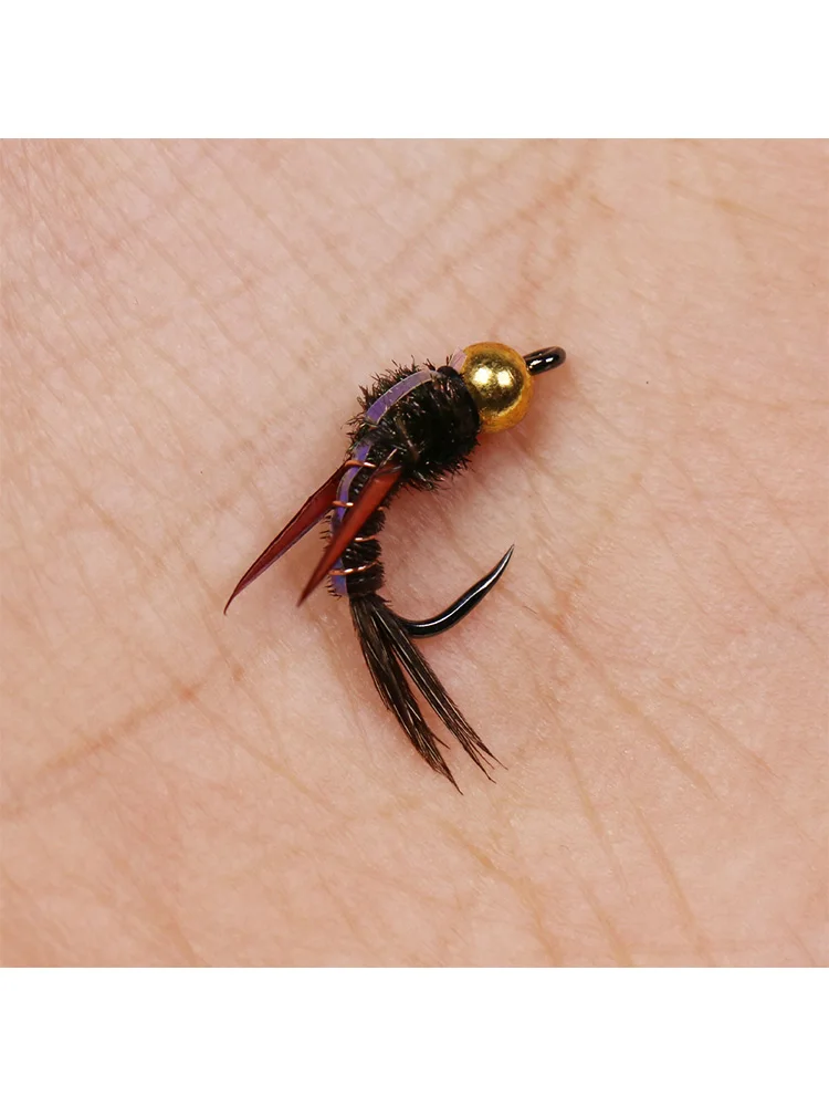 Vampfly-Tête de perle en laiton marron, nymphes Caddis, leurre de pêche à la truite, crochet tchèque sans ardillon, support maléfique, #10 ~ #12, 6 pièces