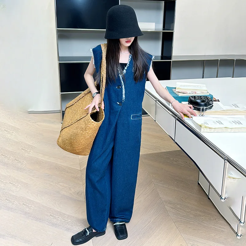 Girls' Tank Top jumpsuit 2024 Spring/Summer New Korean Edition Children's Versatile Academy Style Design Feel Denim Strap Pants