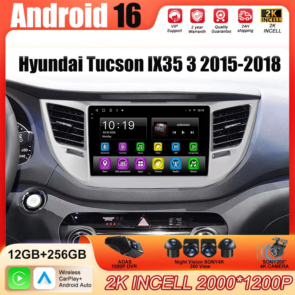 Android 16 rádio do carro player de vídeo para hyundai tucson ix35 3 2015 2016 2017 2018 carplay autoradio unidade principal navegação gps wifi