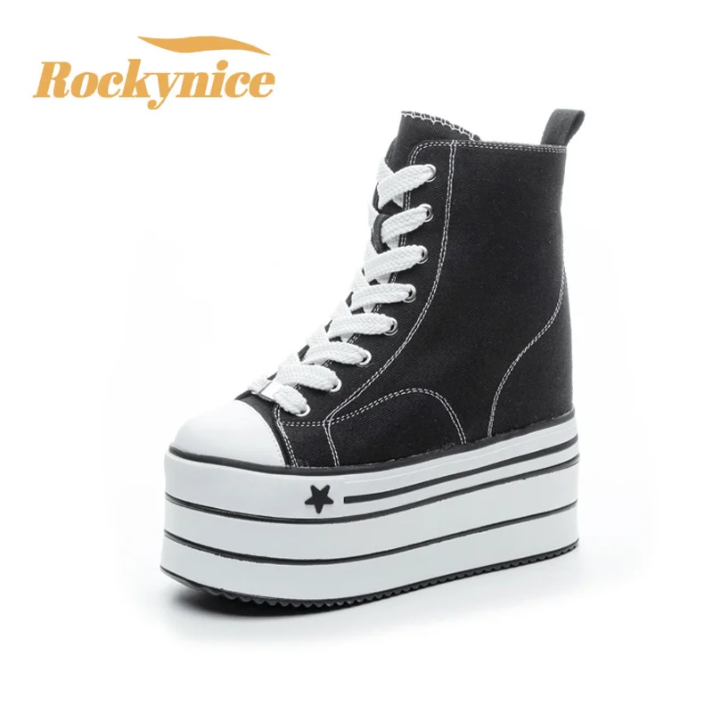 

16CM High Heels Women New Autumn Winter Platform Leather Canvas Ankle Boots Thick Bottom Chunky Sneakers Motorcycle Boots Woman