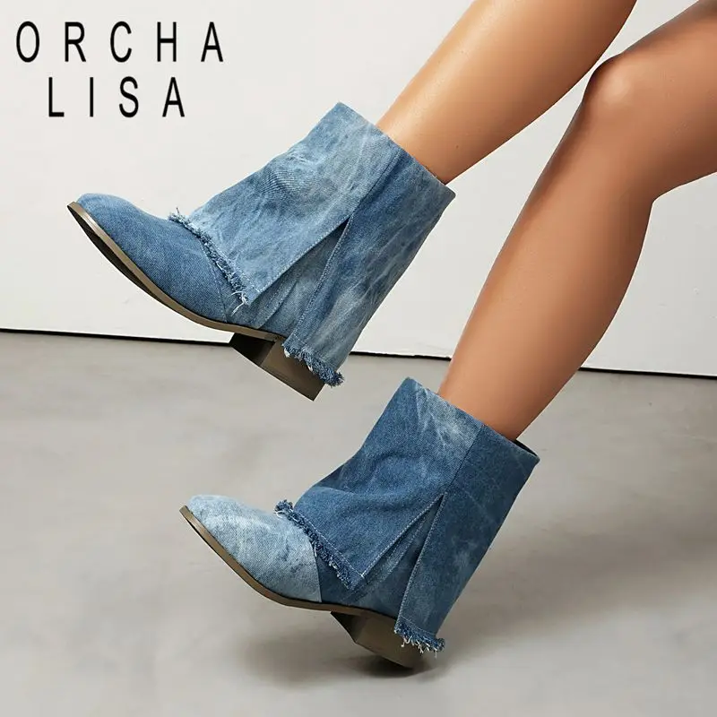 

ORCHA LISA 2025 Осенние женские сапоги до середины икры с круглым носком, туфли без шнуровки на блочном каблуке 3 см для отдыха, повседневные сапоги в стиле пастушки, оверсайз 46 осень