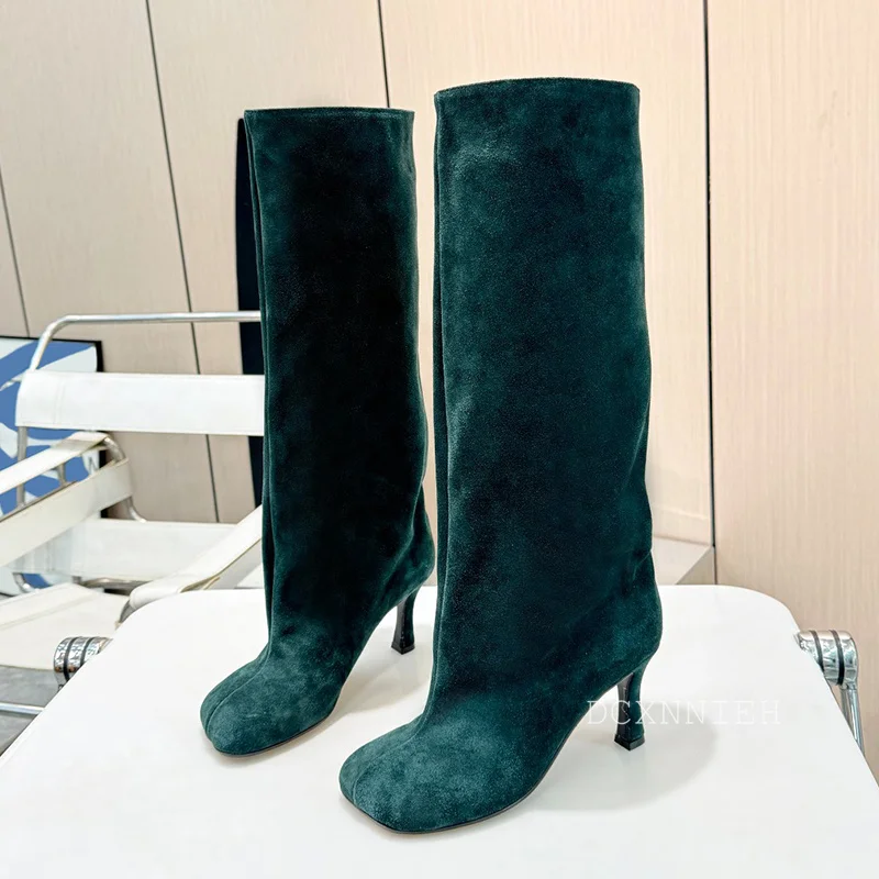 Runway Thin High Heel Knee High Boots Women Round Toe Suede Turned- Over Edge Design Long Booties Autumn Winter Modern Boots