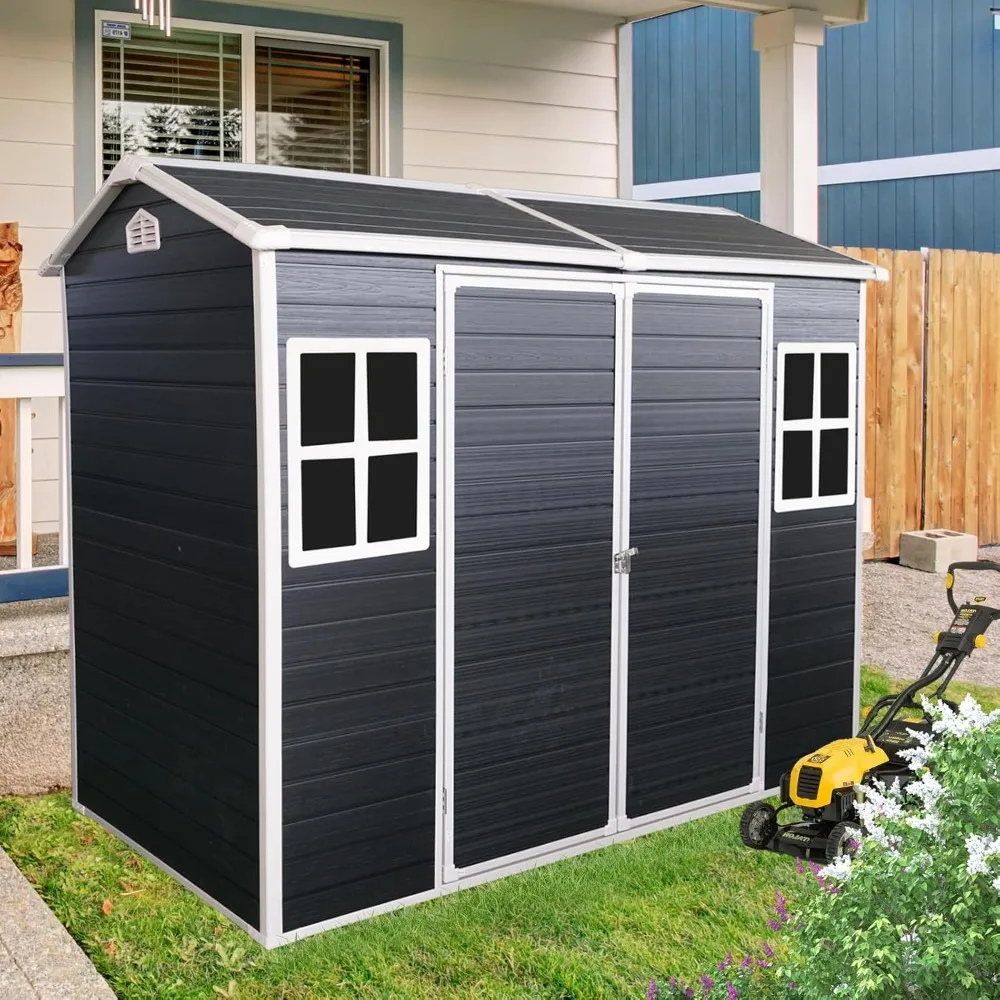 

8 x 4 FT Outdoor Storage Shed, Outdoor Resin Shed with Two-Window and Double-Door, Plastic with Floor for Gargen, Patio, Yard, L