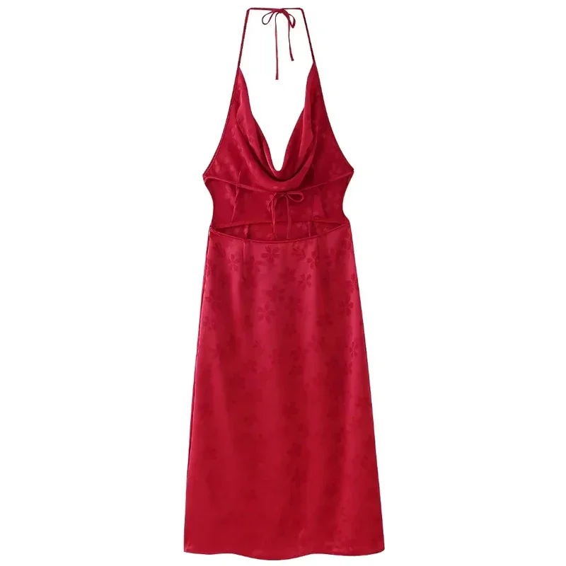 TRAF Womens Dresses estate 2024 Jacquard Halter Dresses senza maniche Backless Back Bandage Slip Dresses abito lungo di un pezzo