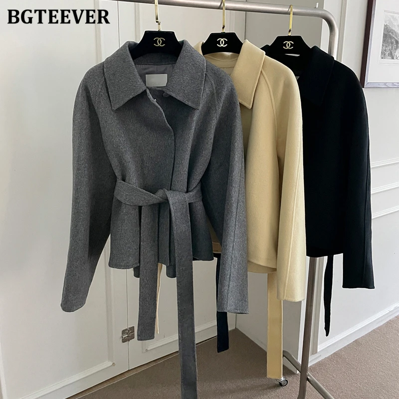 BGTEEVER Elegant Thicken Warm Women Blend Coats Autumn Winter Lapel Belted Female Woolen Jackets