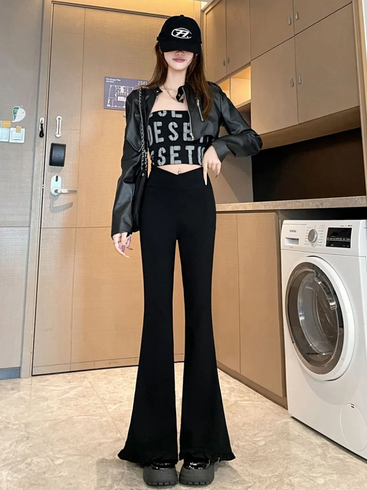 

Модные женские брюки-клеш с V-образным вырезом и эластичной талией, утягивающие, длинные, весна-осень, новые повседневные брюки с высокой талией