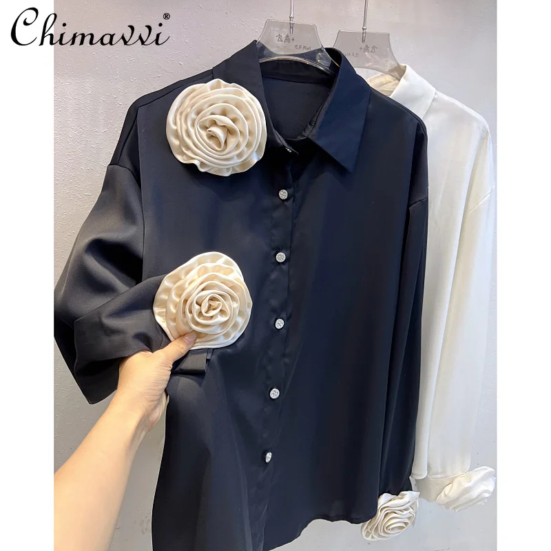 

French Fashion 3D Flowers Stitching Long-Sleeved Shirt Ladies 2024 Spring Autumn New Loose Casual Elegant Blouse Women Tops