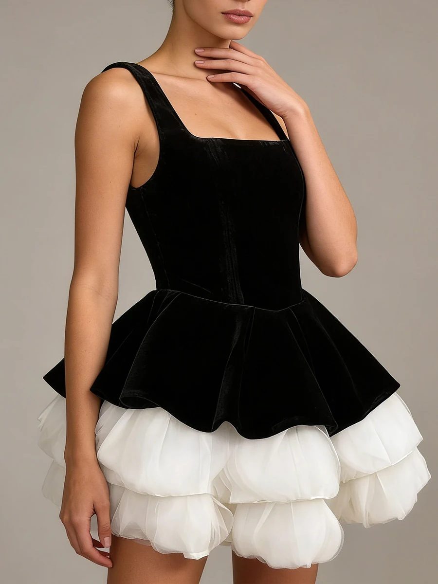 VGH 섹시 파티 히트 컬러 벨벳 미니 드레스 여성용 스퀘어 칼라 민소매 패치워크 레이어드 메쉬 케이크 드레스 여성 스타일