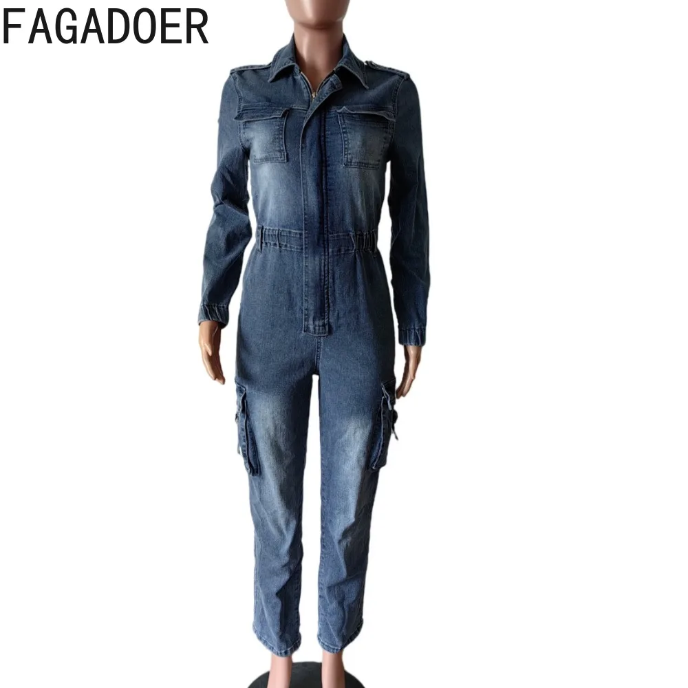 FAGADOER Cargo Pockets Patchwork Denim Jumpsuit Women Y2k Streetwear Stretchy High Quality Jean Overalls Autumn Winter Fashion