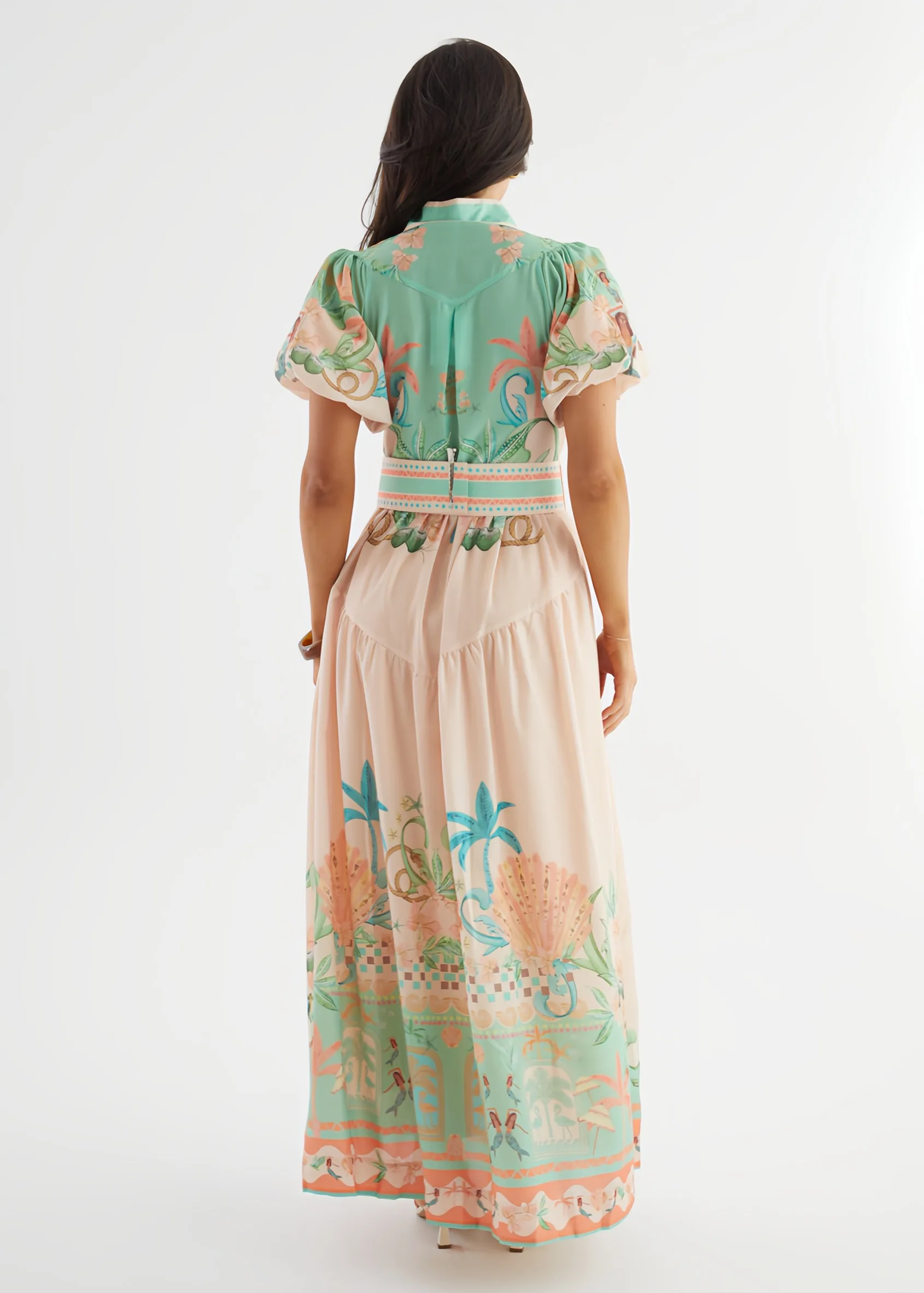 Boho Women Linen Look Maxi Dress Collar Puff Sleeve Tropical Palm Print Long Dress With Matching Belt Resort Holiday Outfit