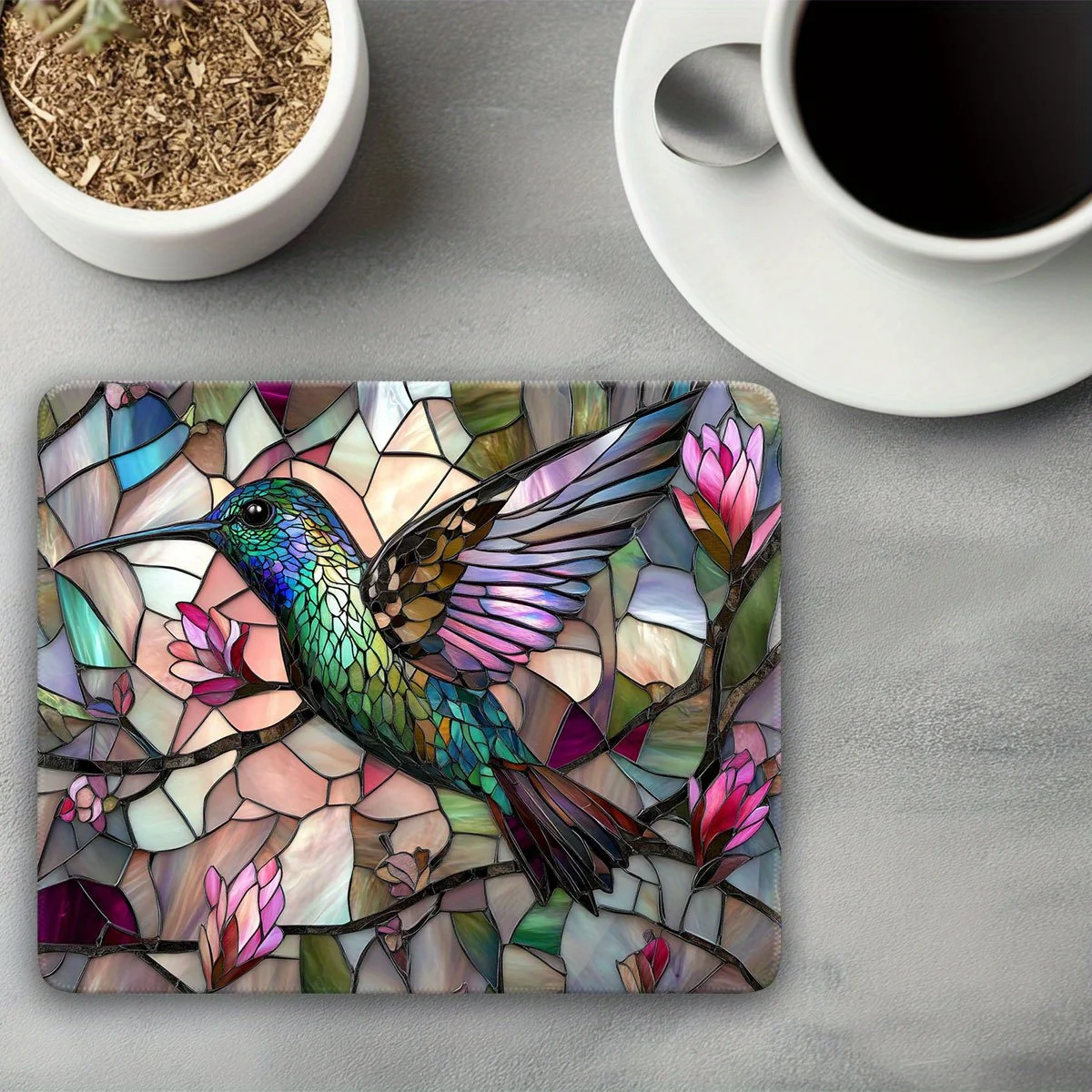 Colored glass hummingbird mouse pad, flower branch anti-slip base, washable and durable rubber material computer accessory