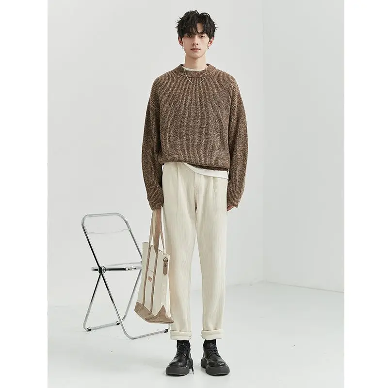 Light and mature style Korean style floral yarn sweater men's round neck pullover heavy thickened cold-proof loose sweater y2k