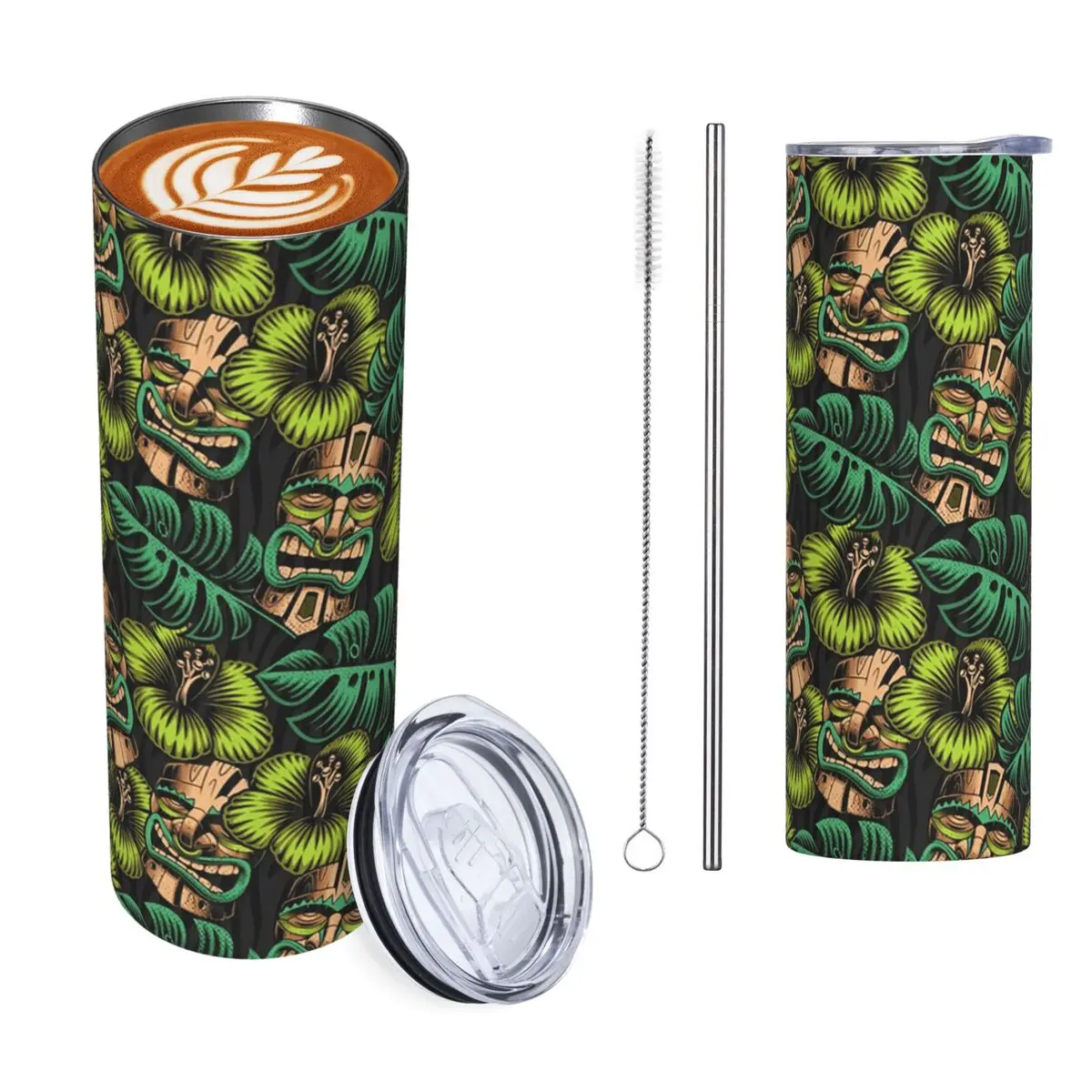 Tiki Seamless Pattern Stainless Steel Tumbler Vacuum Insulated Mug Thermal Cold Cup Straw With Lid 20oz