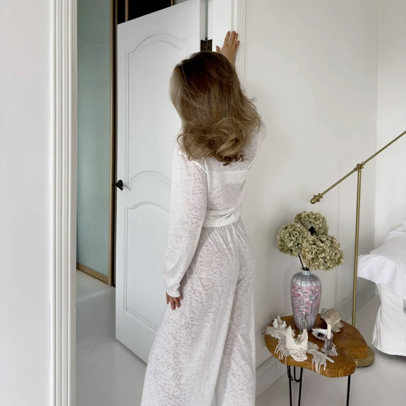 Summer Fashion Knitted White Round Neck Long-sleeved Pajamas Trousers Set Foreign Trade Soft Skin-friendly Loungewear Women