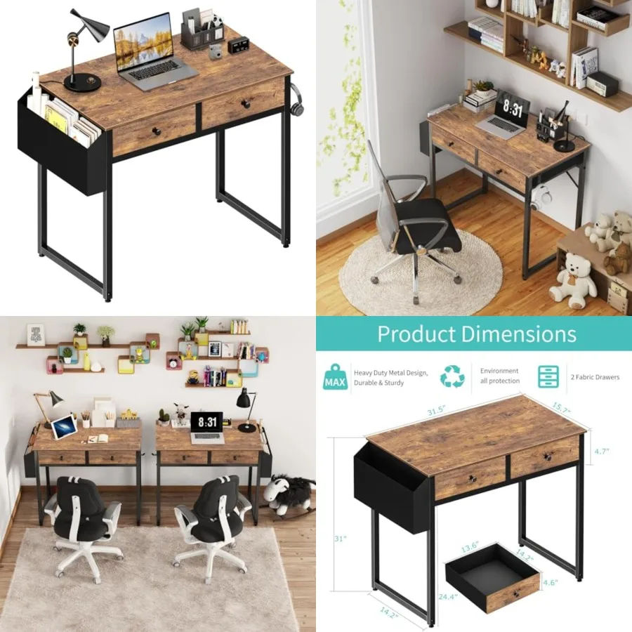 

Small Computer Desk with 2 Drawers for Bedroom, 31 Inch Home Office Desk with Storage Fabric Drawer and Bag, Study Writing Tabl