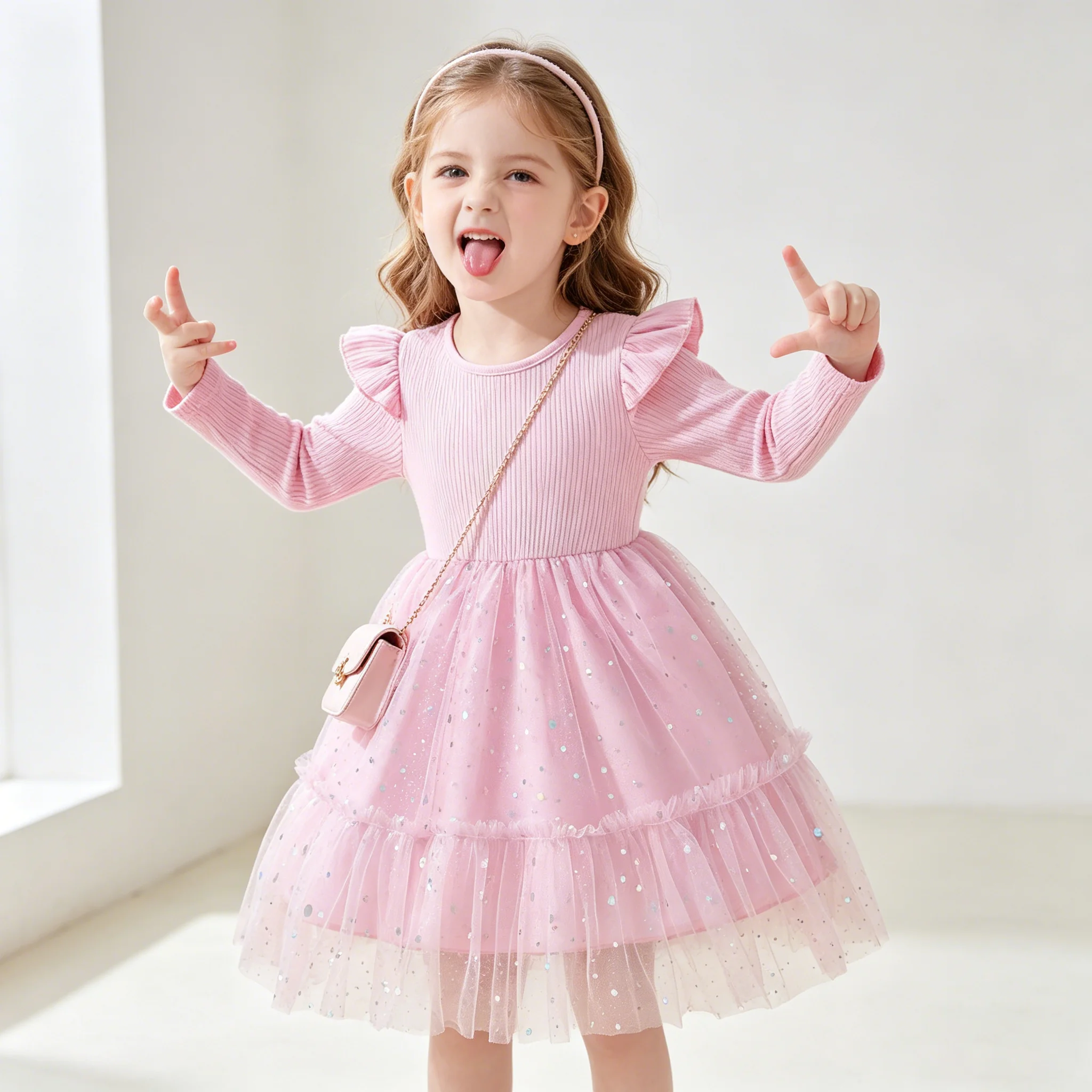 2026 Elegant Girls Sequin Princess Dress Long Sleeve Tulle Tutu Gown Kids Spring Autumn Birthday Party Wedding Flower Girl Dress