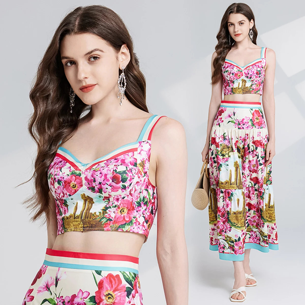 Summer Holiday Crop Tops Long Skirts Sutis Women Two Piece Sets Flower Print Bustier Corset Tops A Line Midi Skirts 2pcs Outfits