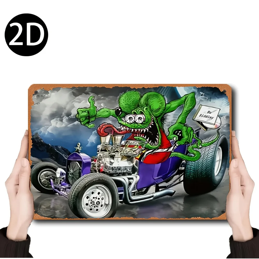 Panneau mural en métal rétro Rat Fink Hot Rod - Décoration intemporelle de style dessin animé pour pubs, cafés et espaces personnels, pré-percé, vintage