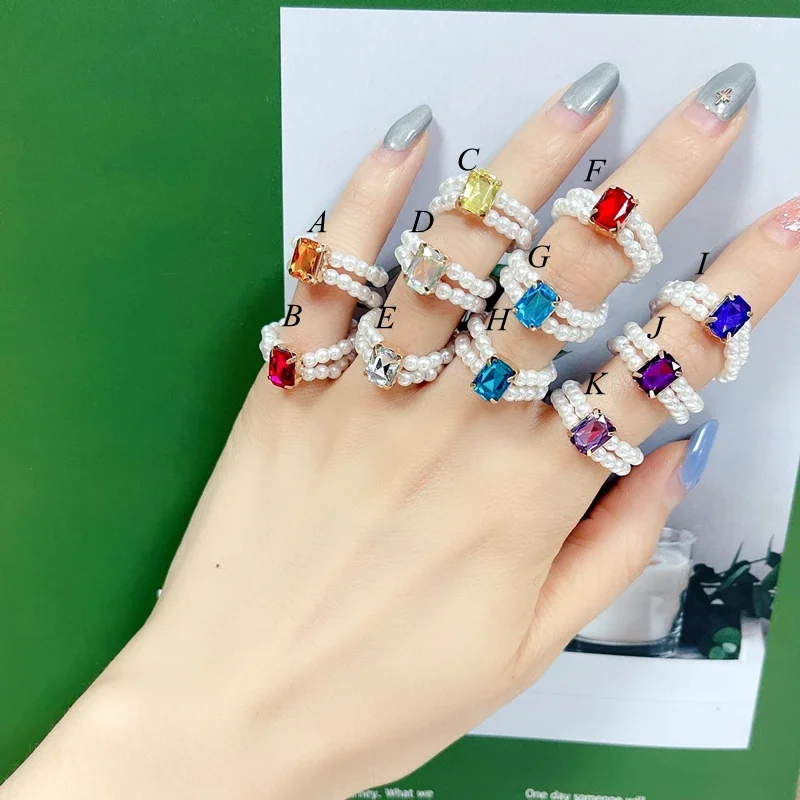 Korean Crystal Aesthetic Beaded Ring Fashion Love Heart Pearl Rings for Women Band Stretched Lovely Wedding Rings Sweet Jewelry