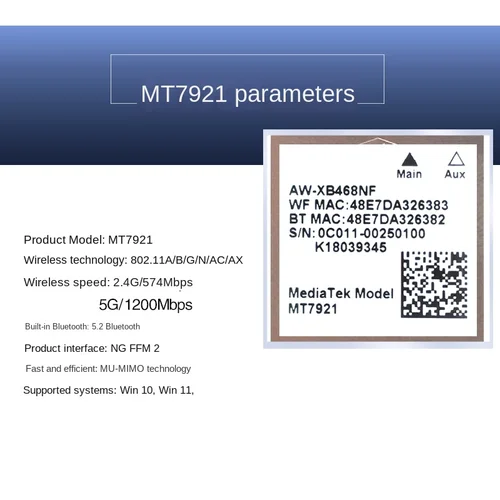 Imagen 2 del producto MT7921 Wi-Fi 6 1800M Bluetooth 5.2 2.4G 5G NGFF M.2 Tarjeta de red Wifi inalámbrica compatible con Win10 / 11