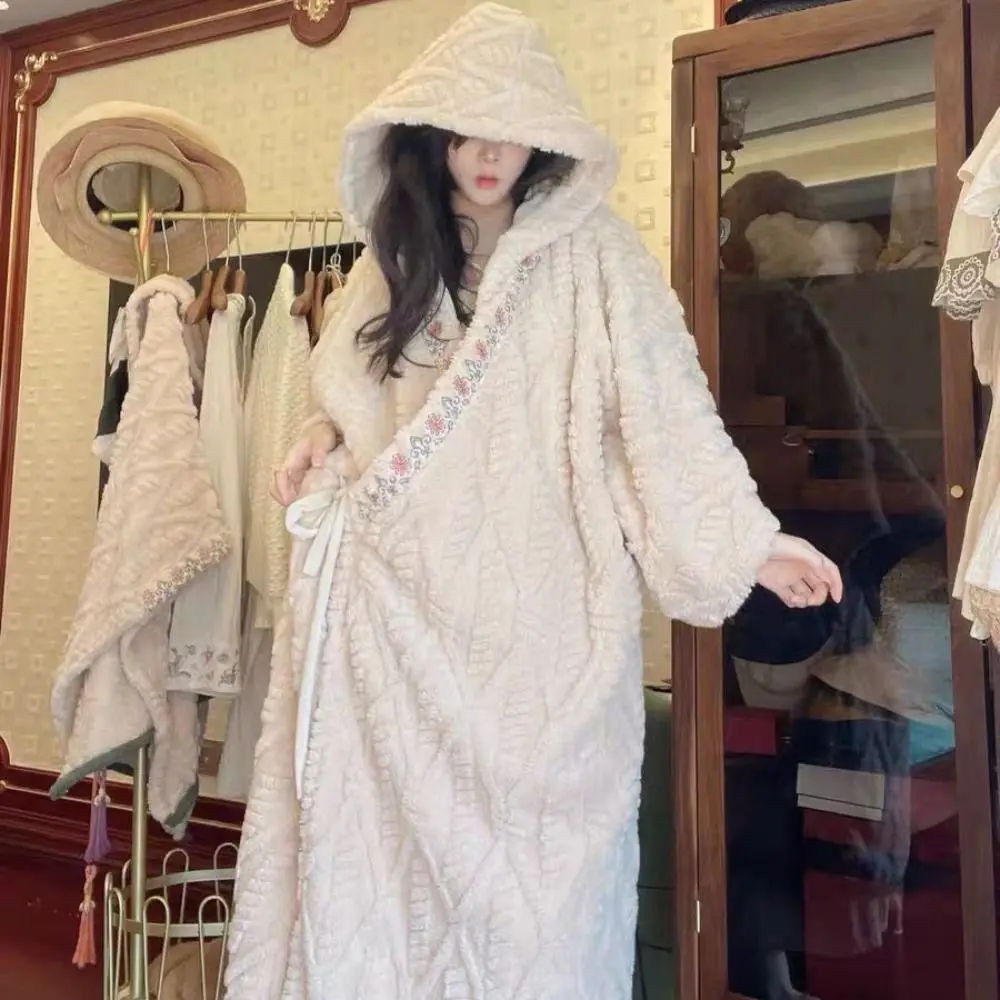 لينة زهرة المرجان الصوف ملابس خاصة سميكة الدافئة منامة رداء النساء المنزل ارتداء الشتاء عباءة مقنعين ثوب النوم الهدايا