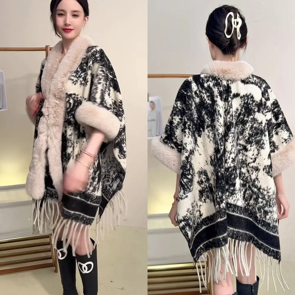 

Elegant Winter Warm Plush Shawl Thicken Versatile Faux Fur Collar Shawl High-end Cardigan Cape Women Fashion