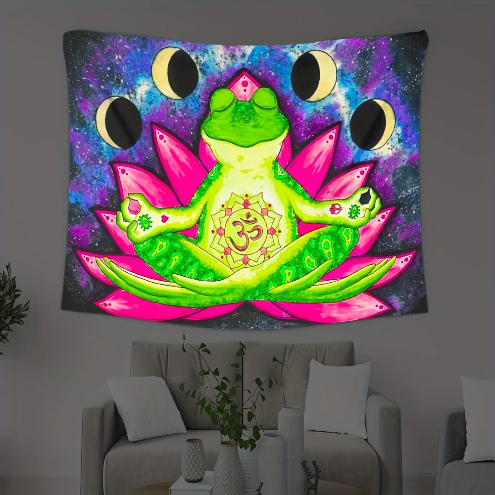 Psychedelic Frog Lotus Tapestry Spiritual Yoga Meditation Wall Hanging Chakra Om Symbol Cosmic Background Neon Glow Decor Flat