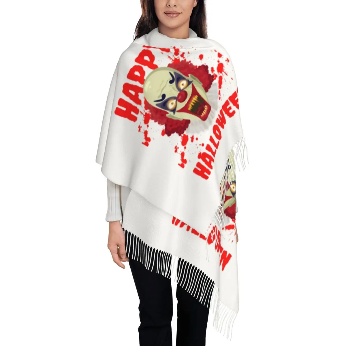 

Изготовленный на заказ шарф «Счастливый Хэллоуин», страшный клоун-убийца, женский длинный зимний осенний теплый шаль с кисточками, шарфы унисекс