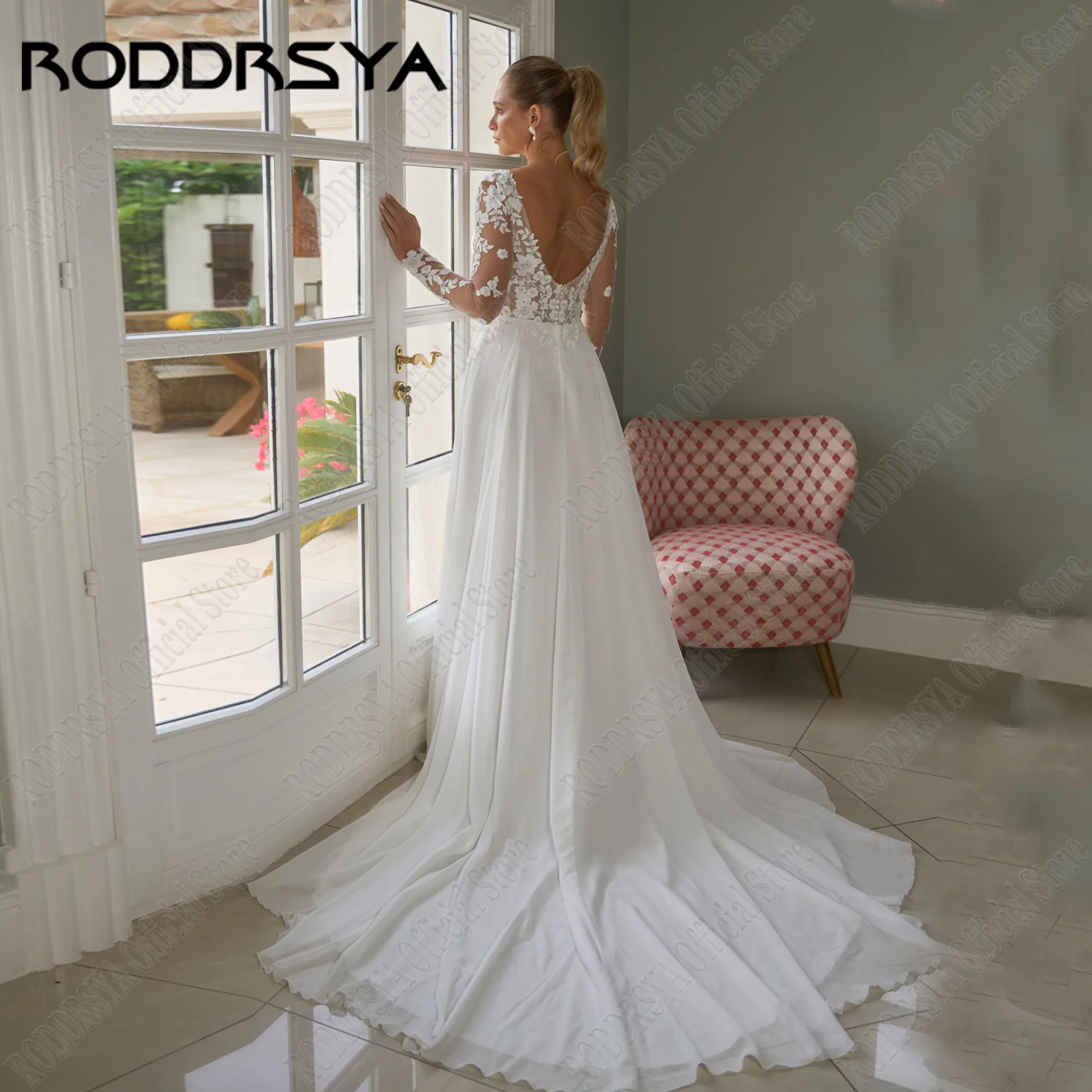 RODDRSYA Chiffon V-Neck Wedding Dress Long Sleeves Applique A-Line Civil Bride Gowns Backless Side Split Robe De Mariée Custom