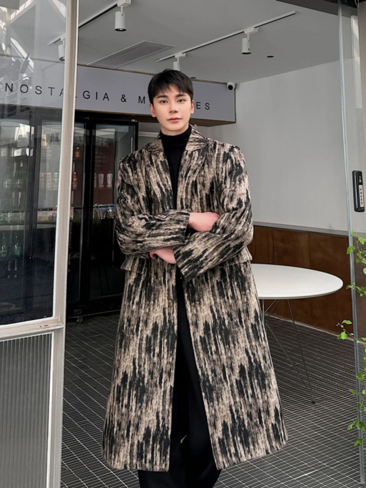 

Vintage Knee-Length Men's Woolen Coat Loose Fit Long Sle Faionable Korean Version Winter High-End Feeling
