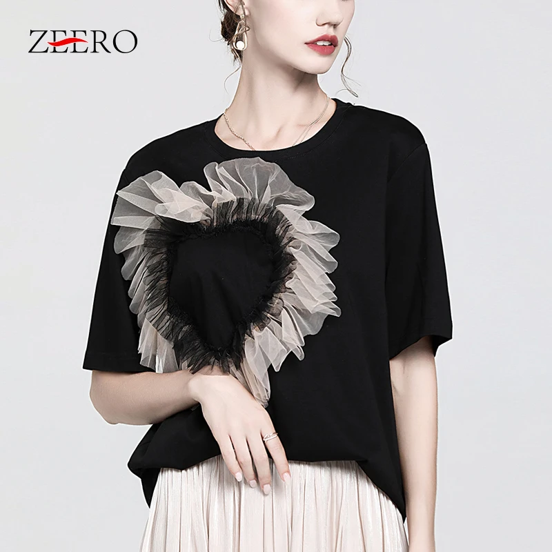 

Summer Korean Fashion Heart Pattern Patchwork Mesh Tshirts Female Solid Cotton T-shirt Women Black Cropped Tops Tees