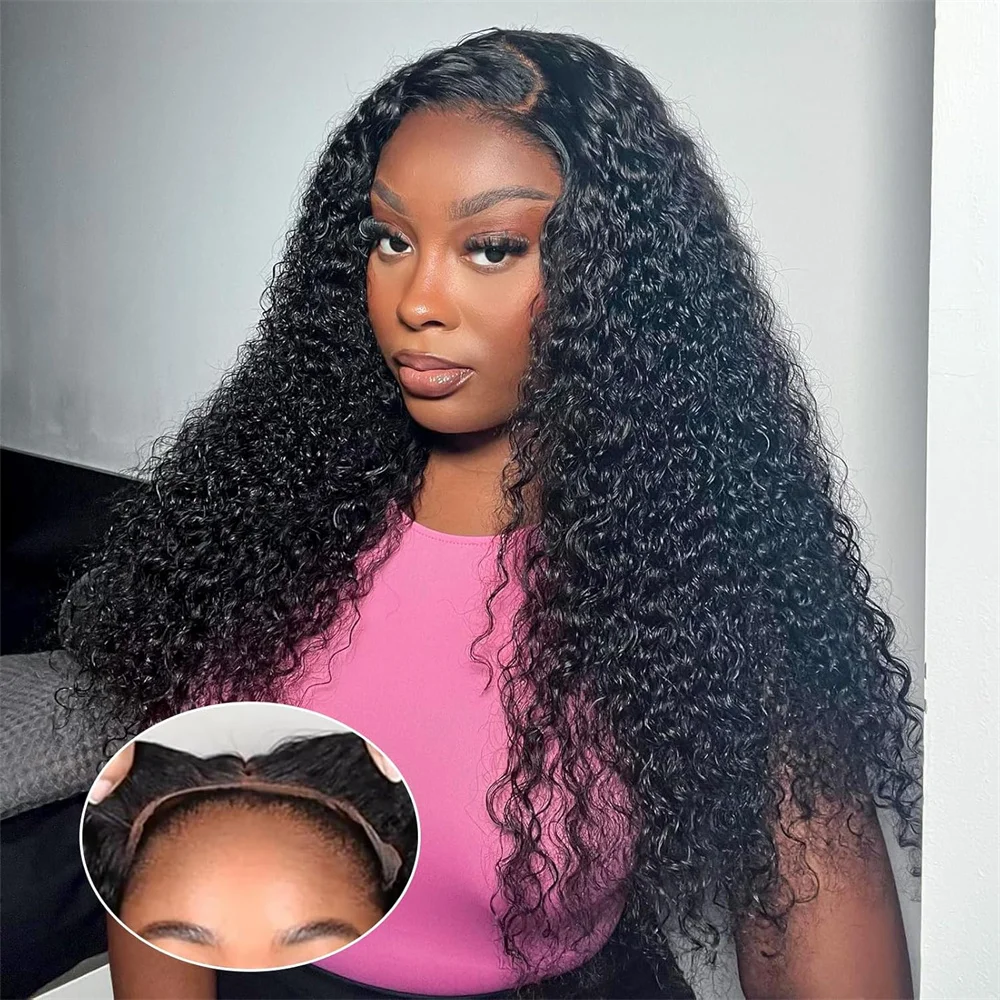 

Kinky Curly Wear and Go Бесклеевые парики фронта шнурка 4x4, человеческие волосы, предварительно выщипанные для женщин, перуанские, плотность 180%, натуральный цвет