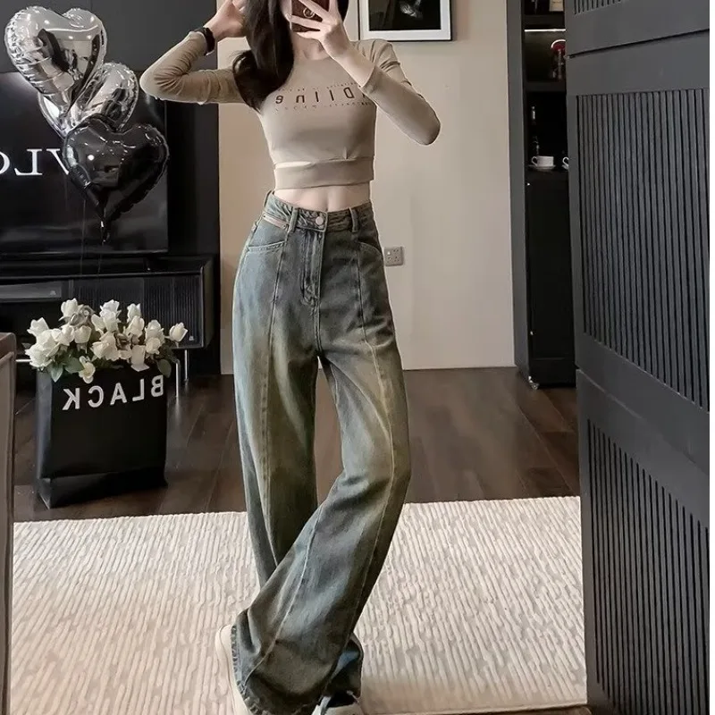 

2024 Women Pants Autumn Vintage Street wear Straight Leg Dragging Retro High Waist Casual Baggy Distressed Women Street wear Ret