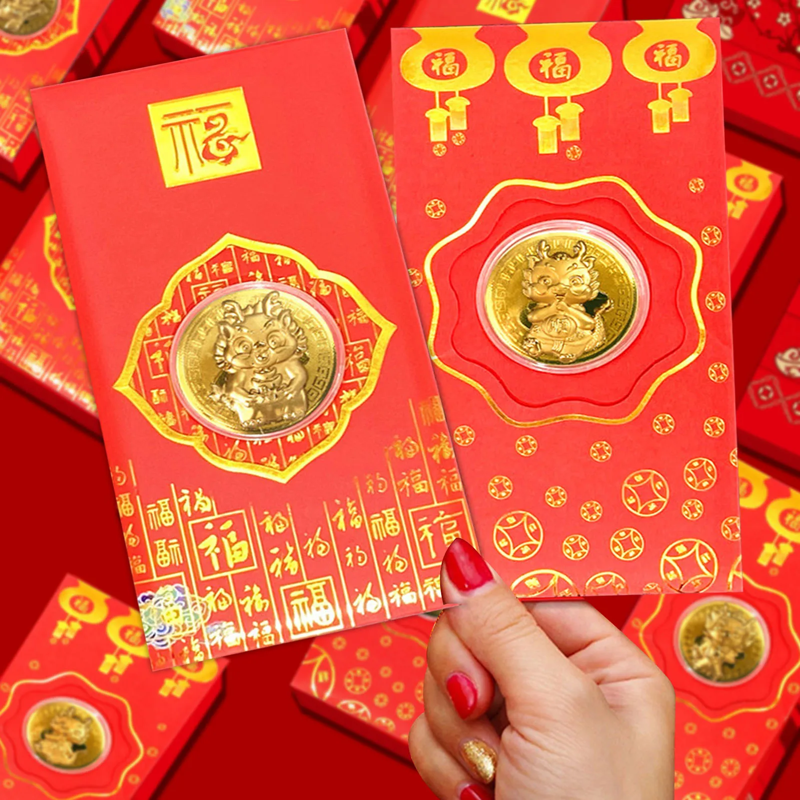 2024 Year of the Dragon Gold Foil Commemorative Coin Red Envelope Chinese Spring Festival Lucky Money Pockets New Year Gifts