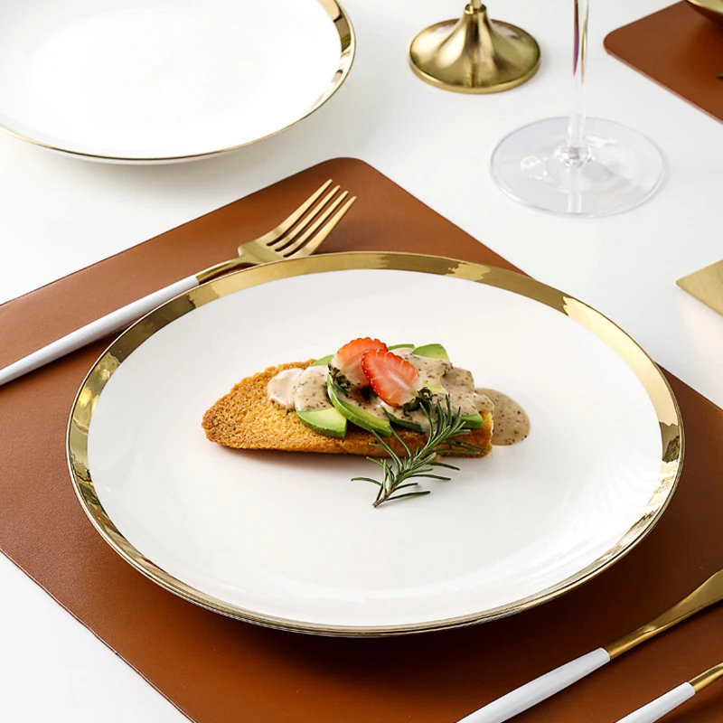 Nordic Ceramic Western Steak Knife and Fork Plate Golden Edge Tableware Set Light Luxury Cake Dessert Plate Household Tableware