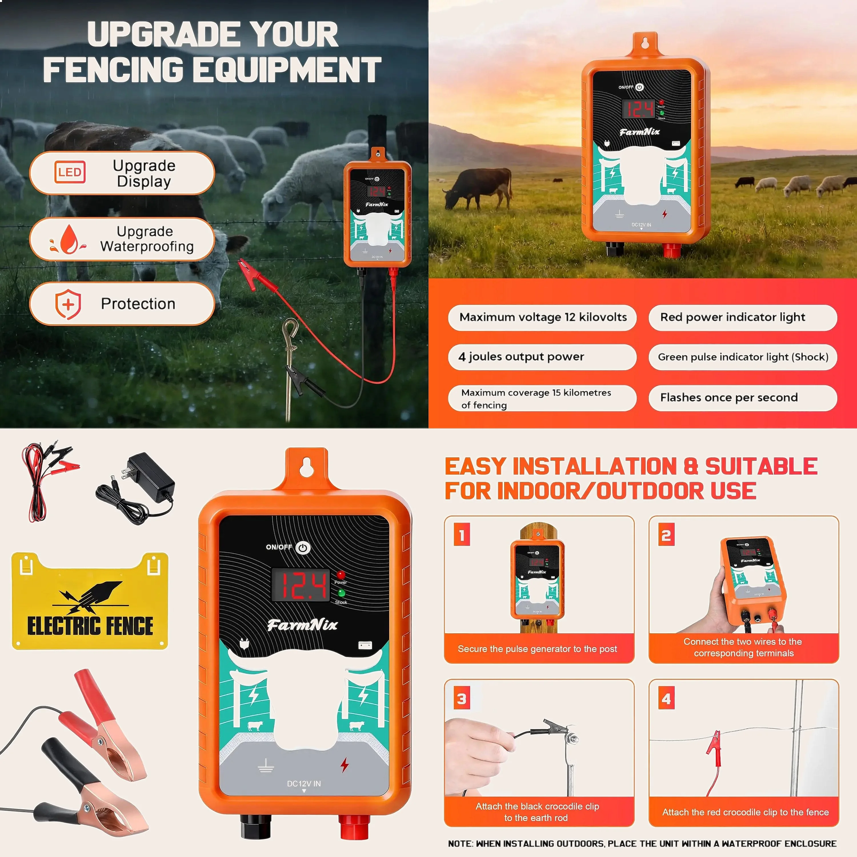 Livestock Fence Energizer 12V - 15マイル24KM電気柵用エナジャイザー 4ジュール LCDディスプレイ 12Vコントローラー（牛、家畜用）