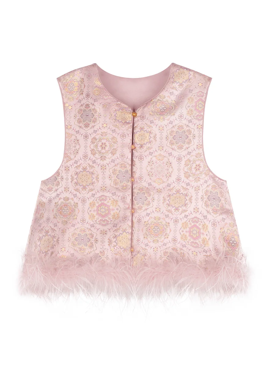 

New Chinese Sle round Ne Bird Feather Vest Early Autumn Heavy Work Pink Flower Embroidery Women's Faion Top Polyester