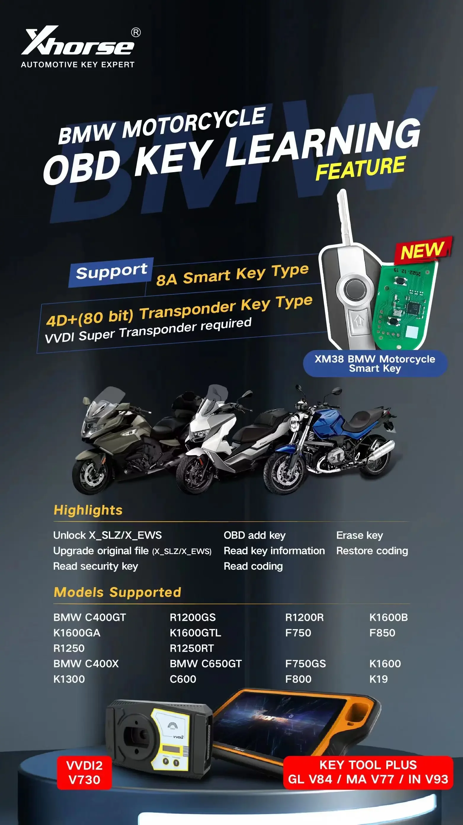 Xhorse VVDI XM38 Smart Key XSBM90GL Support 8A Smart Key & 4D 80bit Transponder Key type for BMW Motorcycle