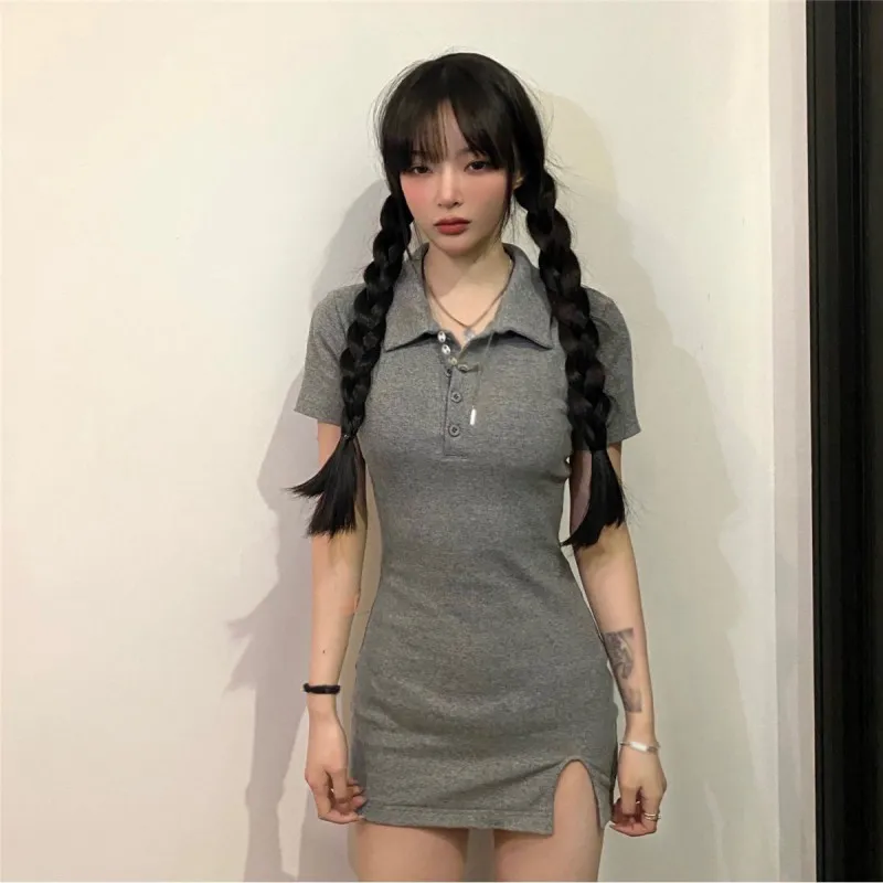 

Women Dress Summer Lapel Tight Fitting Sexy Split Buttocks Short Sleeved Dress Leisure Versatile Dress Solid Color