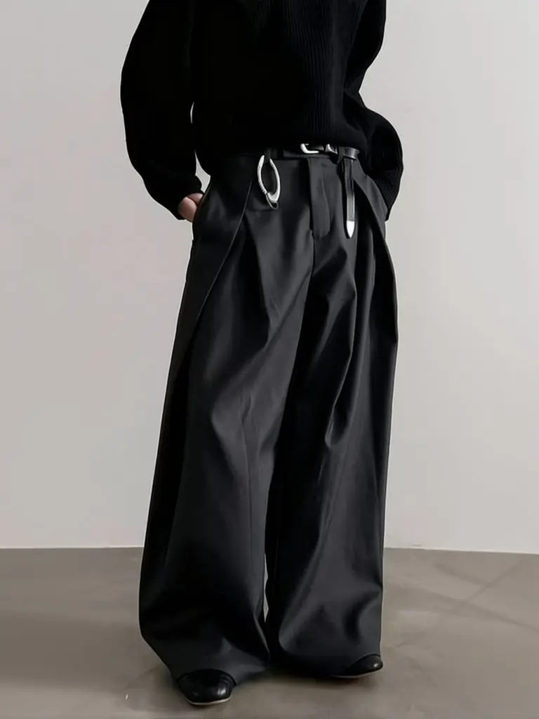 Harajuku Work Wear Wide Leg Suit Pants Men Business Pleated Curved Straight Long Trousers Streetwear Loose Casual Baggy Pants