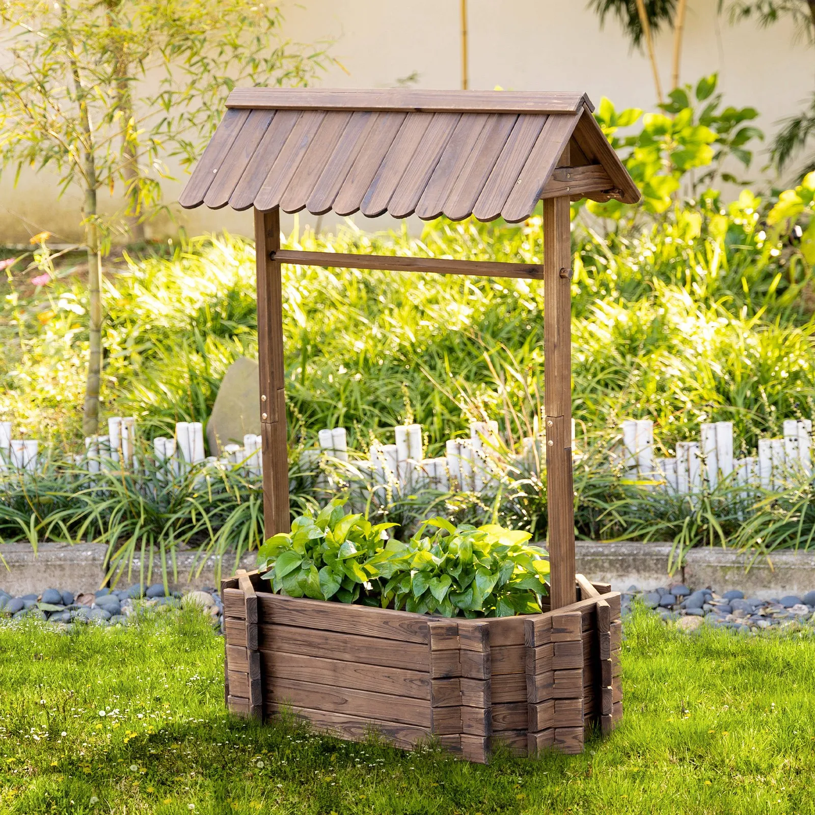 Wooden Wishing Well Raised Garden Bed, Outdoor Flower Planter, Rustic Brown